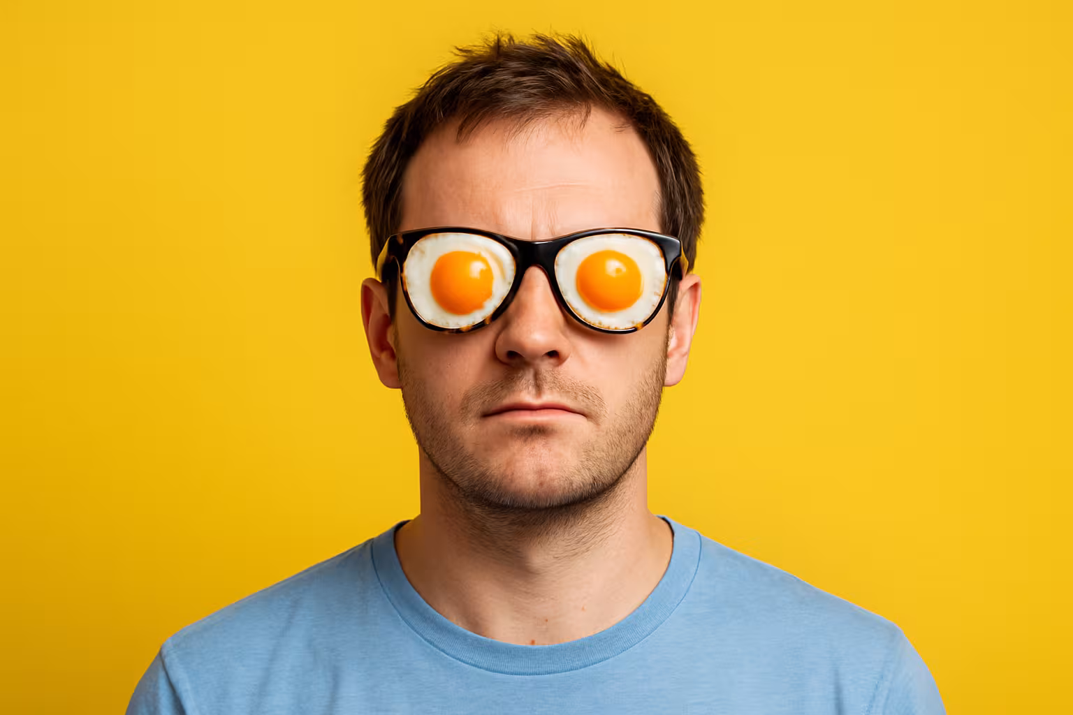 Hombre con dos huevos fritos en los ojos